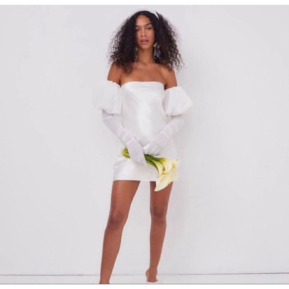FOR LOVE & LEMONS Hazel Satin Mini Dress Detachable Sleeves/Gloves White XS